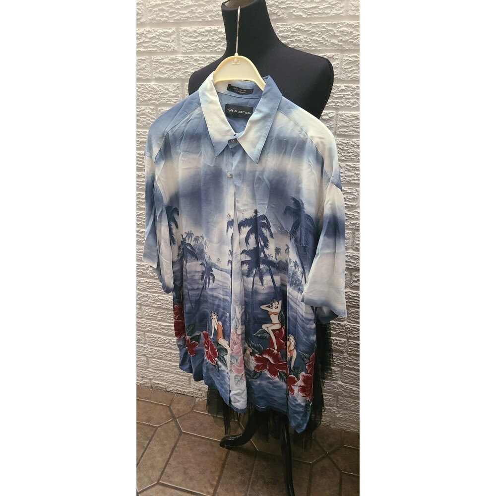 Croft & Barrow Mens XL Hawaiian Shirt Hula Girls Palm Trees Beach All Over Print